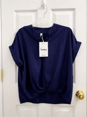 NWT Taoding Navy TwistBlouse Elegant Short Sleeve Top Estimated Sz S